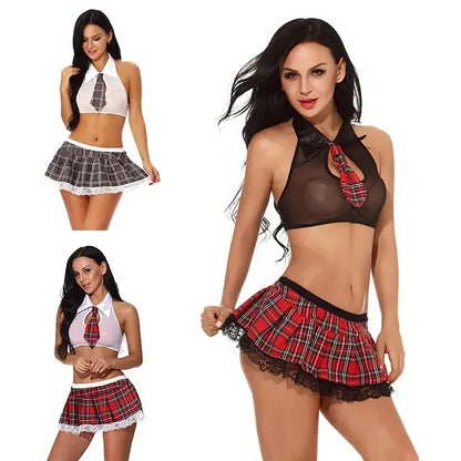 Plaid Skirt and Thong Schoolgirl Cosplay Lingerie Set