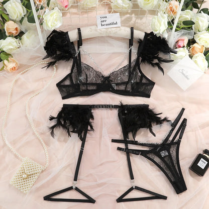 3Pcs Feather Lace Metal Chain Lingerie Set