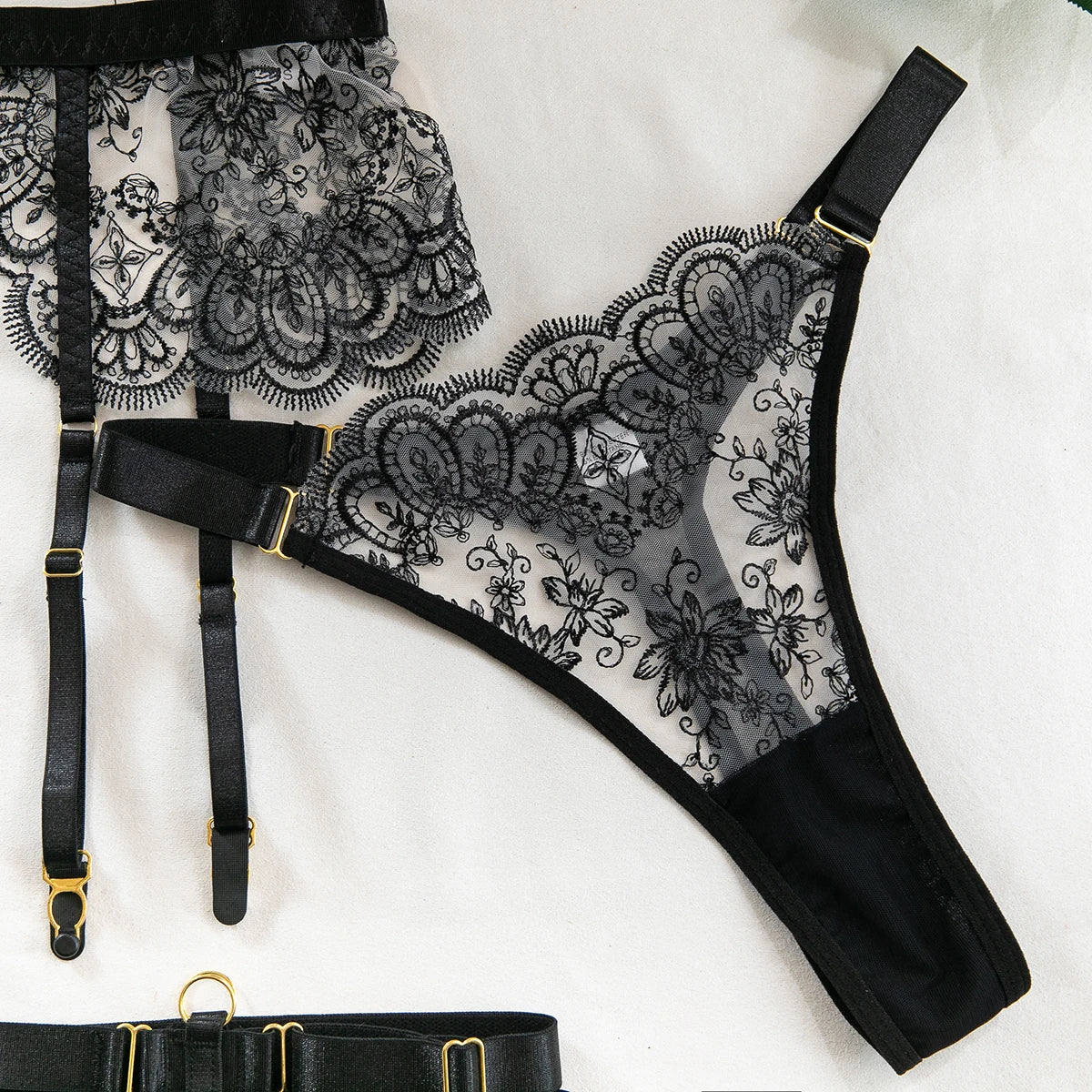 5Pcs Set Black Lace Embroidered See-through