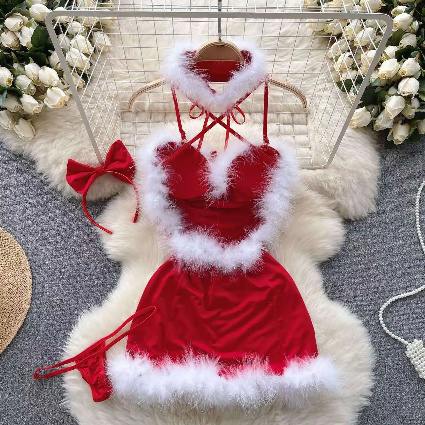 Cosplay Christmas Red Dress Cross Strap Set