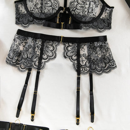 5Pcs Set Black Lace Embroidered See-through